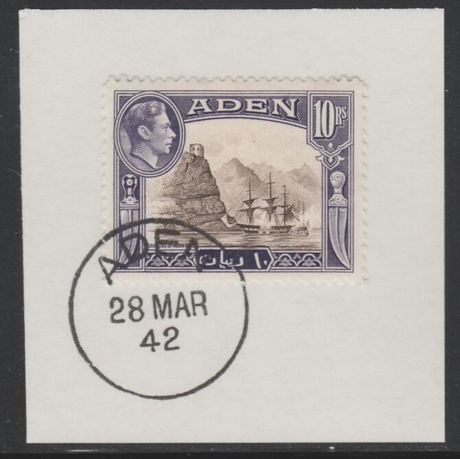 Aden 1939-48 KG6 Capture of Aden 10r sepia & violet on piece with full strike of Madame Joseph forged postmark type 3, stamps on , stamps on  stamps on , stamps on  stamps on  kg6 , stamps on  stamps on ships