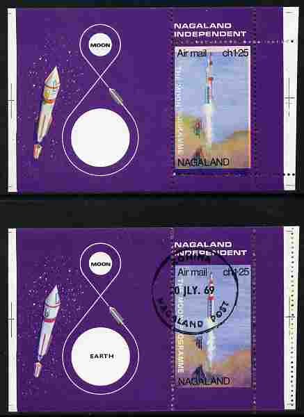 Nagaland 1969 The Moon programme 1ch25 perf proof m/sheet with 'Earth' omitted and blue shifted downward unmounted mint plus cto normal sheet, stamps on space, stamps on rockets