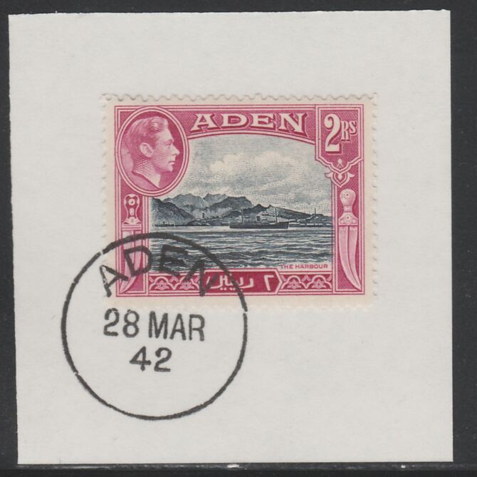 Aden 1939-48 KG6 The Harbour 2r deep blue & magenta on piece with full strike of Madame Joseph forged postmark type 3, stamps on , stamps on  stamps on harbours    ports, stamps on  stamps on  kg6 , stamps on  stamps on 