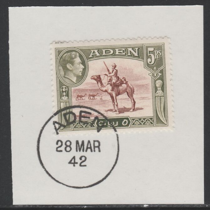 Aden 1939-48 KG6 Camel Corps 5r red-brown & olive-green on piece with full strike of Madame Joseph forged postmark type 3, stamps on , stamps on  stamps on animals, stamps on  stamps on camels, stamps on  stamps on militaria, stamps on  stamps on  kg6 , stamps on  stamps on 