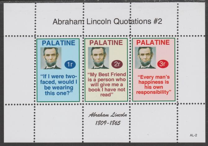 Palatine (Fantasy) Quotations by Abraham Lincoln #2 perf deluxe glossy sheetlet containing 3 values each with a famous quotation,unmounted mint, stamps on , stamps on  stamps on personalities, stamps on  stamps on lincoln, stamps on  stamps on usa presidents, stamps on  stamps on americana