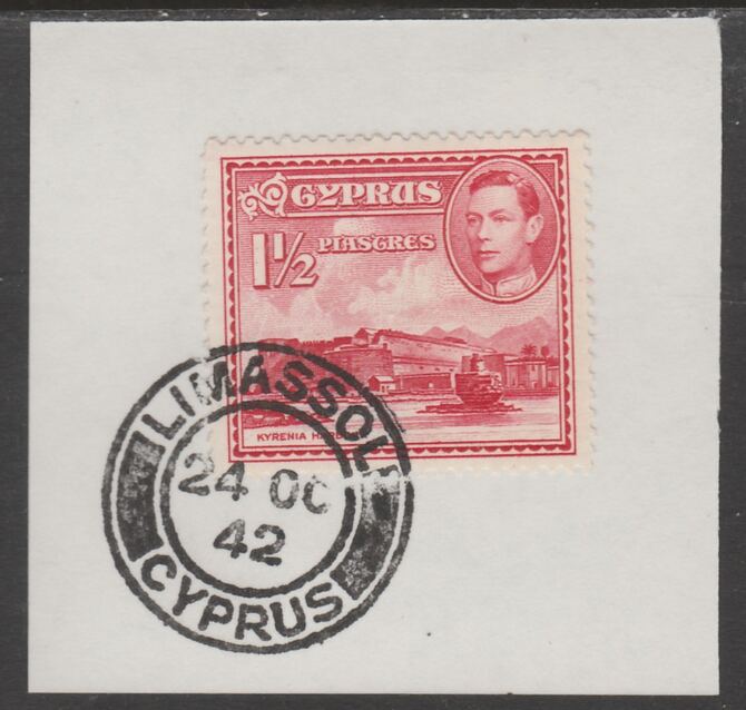 Cyprus 1938-51 KG6 Kyrenia Harbour 1.5pi carmine SG 155 on piece with full strike of Madame Joseph forged postmark type 137, stamps on , stamps on  kg6 , stamps on harbours
