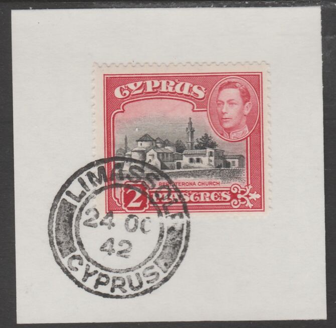 Cyprus 1938-51 KG6 Church of St Barnabas 2pi black & carmine SG 155b on piece with full strike of Madame Joseph forged postmark type 137, stamps on , stamps on  kg6 , stamps on churches