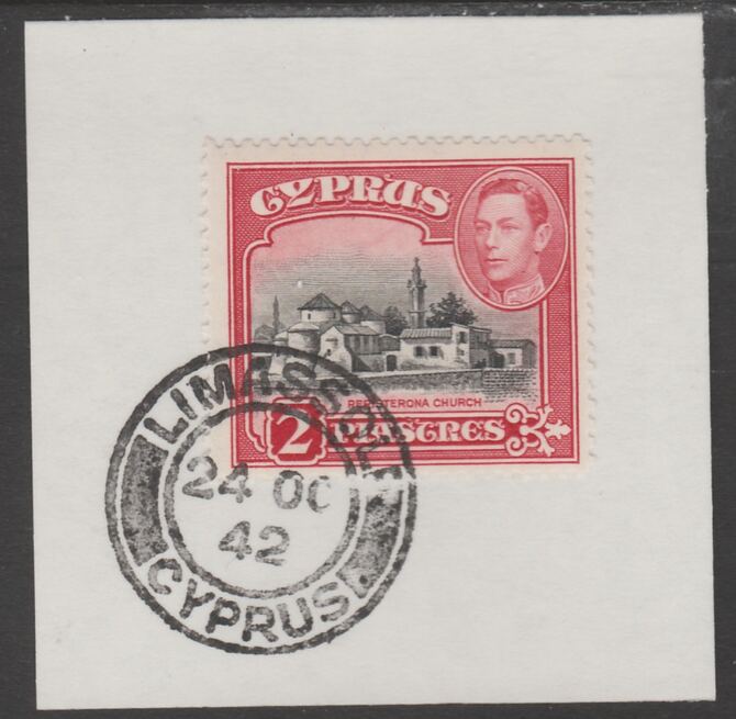 Cyprus 1938-51 KG6 Church of St Barnabas 2pi black & carmine SG 155b on piece with full strike of Madame Joseph forged postmark type 137, stamps on , stamps on  stamps on , stamps on  stamps on  kg6 , stamps on  stamps on churches