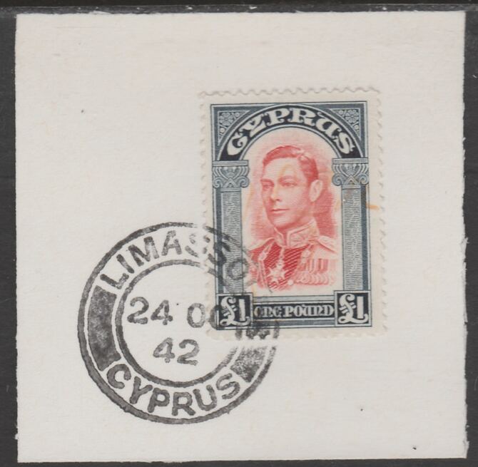 Cyprus 1938-51 KG6 £1 scarlet & indigo SG 163 on piece with full strike of Madame Joseph forged postmark type 137 cancelled on a cleaned fiscal, stamps on , stamps on  kg6 , stamps on churches