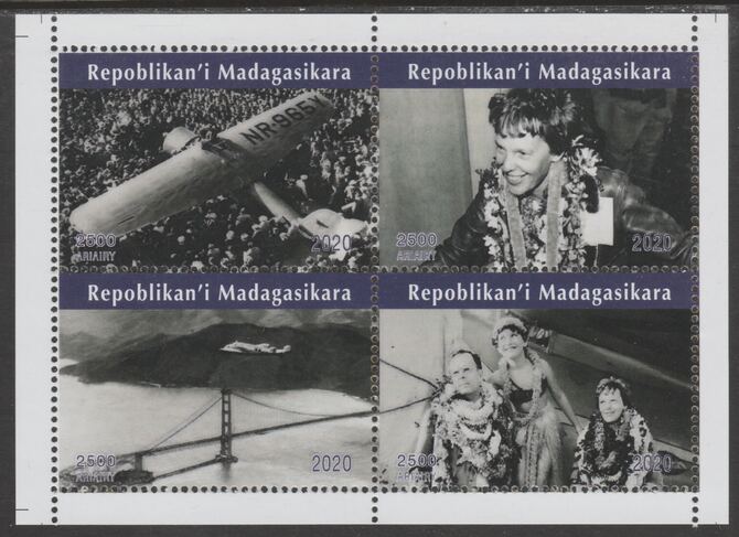 Madagascar 2020 Amelia Earhart perf sheetlet containing 4 values unmounted mint. Note this item is privately produced and is offered purely on its thematic appeal, it has..., stamps on aviation, stamps on women, stamps on earhart, stamps on bridges, stamps on 