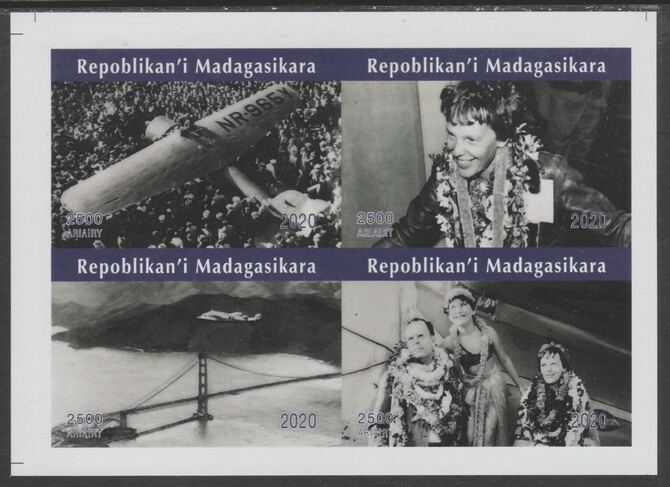 Madagascar 2020 Amelia Earhart imperf sheetlet containing 4 values unmounted mint. Note this item is privately produced and is offered purely on its thematic appeal, it h..., stamps on aviation, stamps on women, stamps on earhart, stamps on bridges, stamps on 