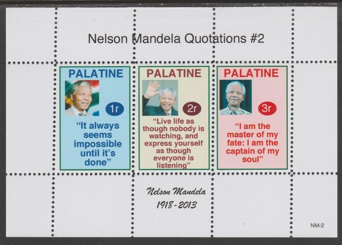 Palatine (Fantasy) Quotations by Nelson Mandela #2 perf deluxe glossy sheetlet containing 3 values each with a famous quotation,unmounted mint, stamps on , stamps on  stamps on personalities, stamps on  stamps on mandela, stamps on  stamps on nobel, stamps on  stamps on peace, stamps on  stamps on racism, stamps on  stamps on human rights