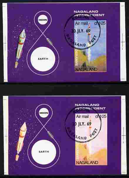 Nagaland 1969 The Moon programme 1ch25 m/sheet opt'd 'Lunar Landing Apollo 11' imperf proof with blue omitted plus normal both cto used, stamps on space, stamps on rockets, stamps on apollo