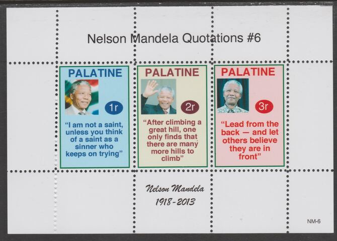 Palatine (Fantasy) Quotations by Nelson Mandela #6 perf deluxe glossy sheetlet containing 3 values each with a famous quotation,unmounted mint, stamps on , stamps on  stamps on personalities, stamps on  stamps on mandela, stamps on  stamps on nobel, stamps on  stamps on peace, stamps on  stamps on racism, stamps on  stamps on human rights