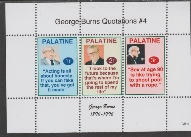 Palatine (Fantasy) Quotations by George Burns #4 perf deluxe glossy sheetlet containing 3 values each with a famous quotation,unmounted mint, stamps on , stamps on  stamps on personalities, stamps on  stamps on comedy, stamps on  stamps on smoking, stamps on  stamps on americana