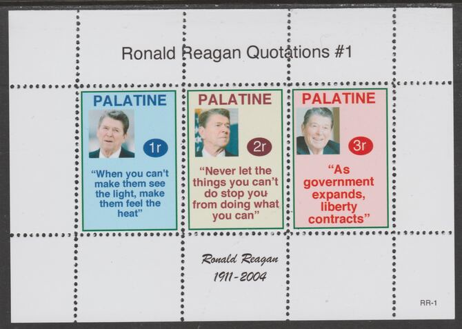 Palatine (Fantasy) Quotations by Ronald Reagan #1 perf deluxe glossy sheetlet containing 3 values each with a famous quotation,unmounted mint, stamps on , stamps on  stamps on personalities, stamps on  stamps on reagan, stamps on  stamps on us presidents, stamps on  stamps on americana, stamps on  stamps on cinema, stamps on  stamps on movies