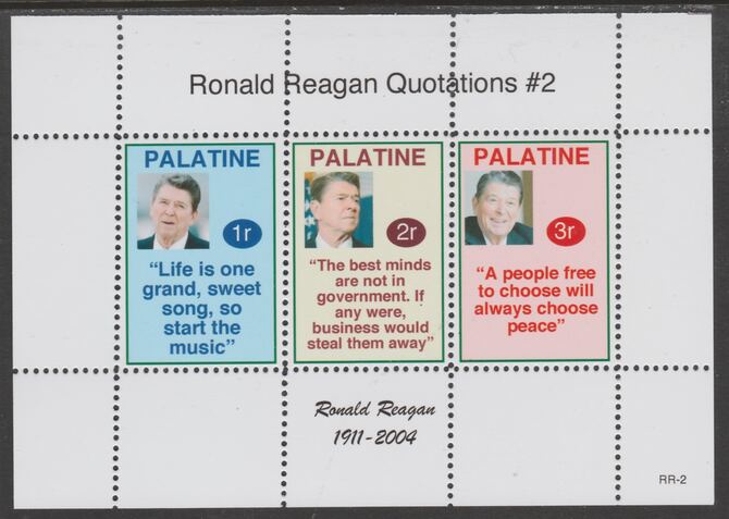 Palatine (Fantasy) Quotations by Ronald Reagan #2 perf deluxe glossy sheetlet containing 3 values each with a famous quotation,unmounted mint, stamps on , stamps on  stamps on personalities, stamps on  stamps on reagan, stamps on  stamps on us presidents, stamps on  stamps on americana, stamps on  stamps on cinema, stamps on  stamps on movies