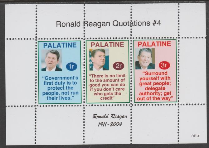 Palatine (Fantasy) Quotations by Ronald Reagan #4 perf deluxe glossy sheetlet containing 3 values each with a famous quotation,unmounted mint, stamps on , stamps on  stamps on personalities, stamps on  stamps on reagan, stamps on  stamps on us presidents, stamps on  stamps on americana, stamps on  stamps on cinema, stamps on  stamps on movies