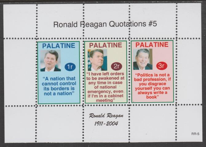 Palatine (Fantasy) Quotations by Ronald Reagan #5 perf deluxe glossy sheetlet containing 3 values each with a famous quotation,unmounted mint, stamps on personalities, stamps on reagan, stamps on us presidents, stamps on americana, stamps on cinema, stamps on movies