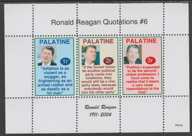 Palatine (Fantasy) Quotations by Ronald Reagan #6 perf deluxe glossy sheetlet containing 3 values each with a famous quotation,unmounted mint, stamps on , stamps on  stamps on personalities, stamps on  stamps on reagan, stamps on  stamps on us presidents, stamps on  stamps on americana, stamps on  stamps on cinema, stamps on  stamps on movies