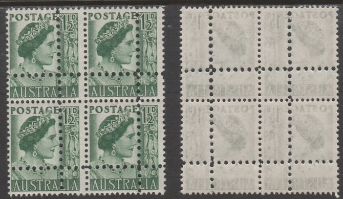 Australia 1949 Queen Elizabeth 1.5d green block of 4 with perforations doubled (stamps are quartered), unmounted mint. Note: the stamps are genuine but the additional perfs are a slightly different gauge identifying it to be a forgery., stamps on , stamps on  stamps on royalty, stamps on  stamps on forgery