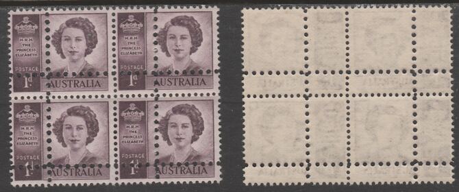 Australia 1947 Princess Elizabeth 1d purple block of 4 with perforations doubled (stamps are quartered), unmounted mint as SG 222var. Note: the stamps are genuine but the additional perfs are a slightly different gauge identifying it to be a forgery., stamps on royalty, stamps on forgery