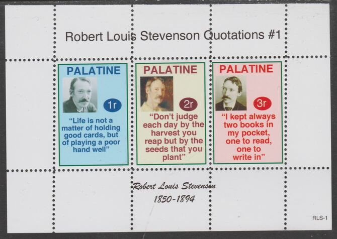 Palatine (Fantasy) Quotations by Robert Louis Stevenson #1 perf deluxe glossy sheetlet containing 3 values each with a famous quotation,unmounted mint, stamps on personalities, stamps on stevenson, stamps on literature