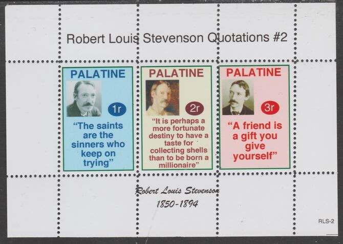 Palatine (Fantasy) Quotations by Robert Louis Stevenson #2 perf deluxe glossy sheetlet containing 3 values each with a famous quotation,unmounted mint, stamps on , stamps on  stamps on personalities, stamps on  stamps on stevenson, stamps on  stamps on literature