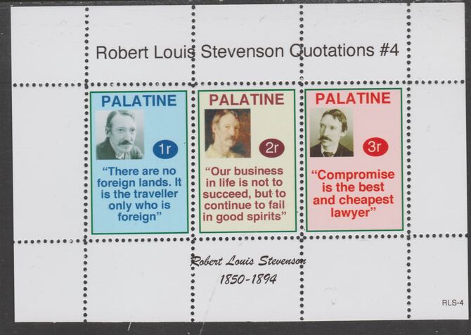 Palatine (Fantasy) Quotations by Robert Louis Stevenson #4 perf deluxe glossy sheetlet containing 3 values each with a famous quotation,unmounted mint, stamps on , stamps on  stamps on personalities, stamps on  stamps on stevenson, stamps on  stamps on literature