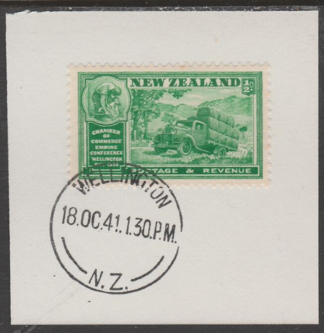 New Zealand 1936 Chamber of Commerce 1/2d green (SG593) on piece with full strike of Madame Joseph forged postmark type 287, stamps on , stamps on  kg6 , stamps on forgery, stamps on wool, stamps on textiles