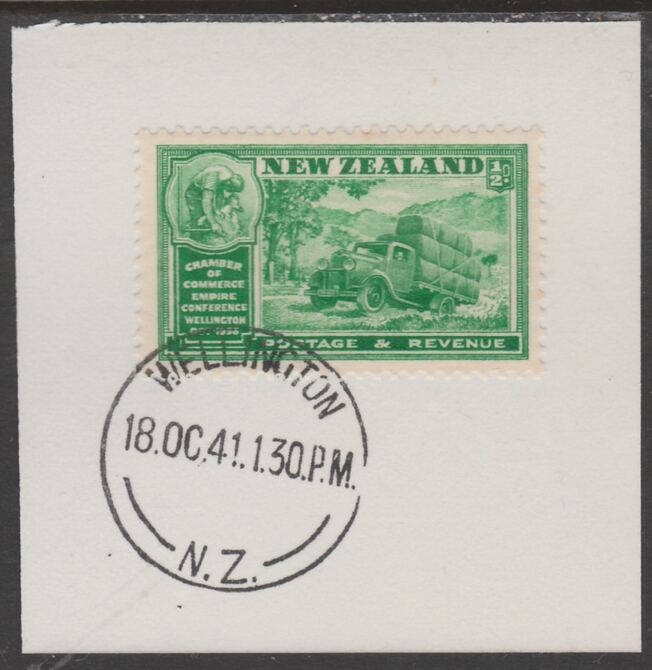 New Zealand 1936 Chamber of Commerce 1/2d green (SG593) on piece with full strike of Madame Joseph forged postmark type 287, stamps on , stamps on  stamps on , stamps on  stamps on  kg6 , stamps on  stamps on forgery, stamps on  stamps on wool, stamps on  stamps on textiles