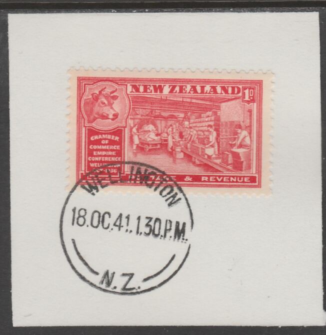 New Zealand 1936 Chamber of Commerce 1d scarlet (SG594) on piece with full strike of Madame Joseph forged postmark type 287, stamps on , stamps on  kg6 , stamps on forgery, stamps on butter, stamps on food