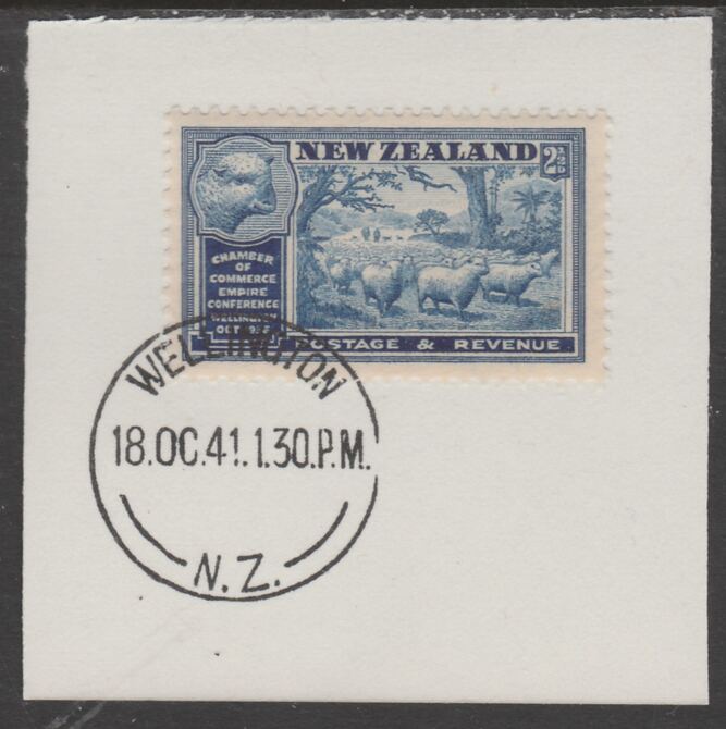 New Zealand 1936 Chamber of Commerce 2.5d blue (SG595) on piece with full strike of Madame Joseph forged postmark type 287, stamps on , stamps on  kg6 , stamps on forgery, stamps on sheep, stamps on textiles, stamps on ovine