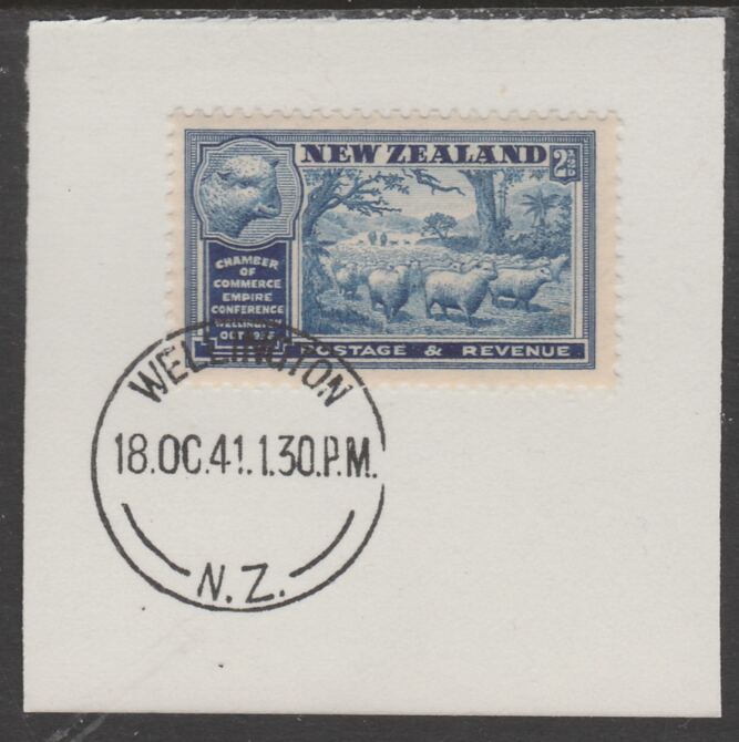 New Zealand 1936 Chamber of Commerce 2.5d blue (SG595) on piece with full strike of Madame Joseph forged postmark type 287, stamps on , stamps on  stamps on , stamps on  stamps on  kg6 , stamps on  stamps on forgery, stamps on  stamps on sheep, stamps on  stamps on textiles, stamps on  stamps on ovine