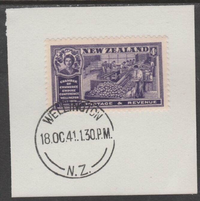 New Zealand 1936 Chamber of Commerce 4d violet (SG596) on piece with full strike of Madame Joseph forged postmark type 287, stamps on , stamps on  stamps on , stamps on  stamps on  kg6 , stamps on  stamps on forgery, stamps on  stamps on apples, stamps on  stamps on fruit, stamps on  stamps on food