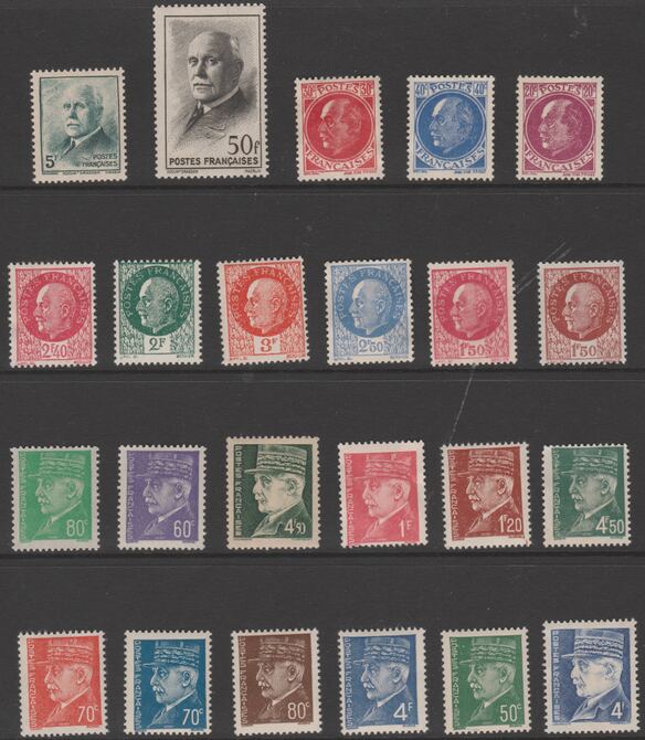 France 1941-42 Marshal Petain sets complete, 23 stamps mint no gun or unmounted SG 709-25b, 740/1 & 745/6, stamps on constitutions, stamps on petain  , stamps on dictators.