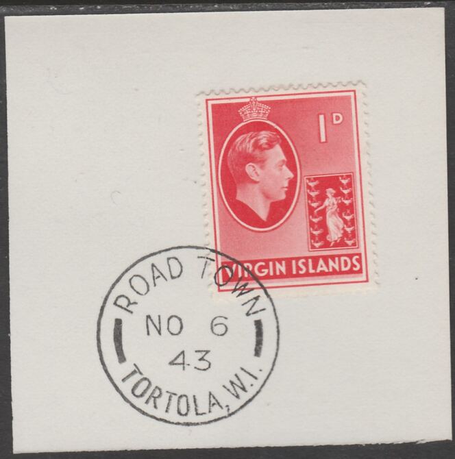 British Virgin islands 1938-47 KG6 Badge of Colony 1d scarlet on piece with full strike of Madame Joseph forged postmark type 434, stamps on , stamps on  stamps on , stamps on  stamps on  kg6 , stamps on  stamps on forgery, stamps on  stamps on 