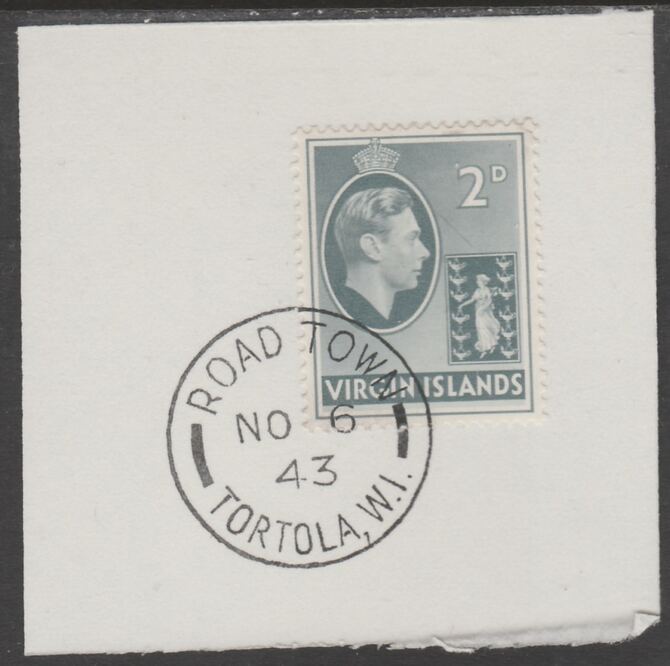 British Virgin islands 1938-47 KG6 Badge of Colony 2.d grey on piece with full strike of Madame Joseph forged postmark type 434, stamps on , stamps on  stamps on , stamps on  stamps on  kg6 , stamps on  stamps on forgery, stamps on  stamps on 