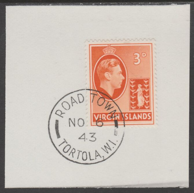British Virgin islands 1938-47 KG6 Badge of Colony 3d orange on piece with full strike of Madame Joseph forged postmark type 434, stamps on , stamps on  stamps on , stamps on  stamps on  kg6 , stamps on  stamps on forgery, stamps on  stamps on 