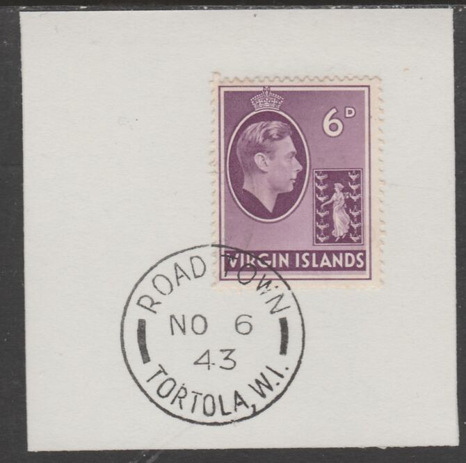 British Virgin islands 1938-47 KG6 Badge of Colony 6d mauve on piece with full strike of Madame Joseph forged postmark type 434, stamps on , stamps on  stamps on , stamps on  stamps on  kg6 , stamps on  stamps on forgery, stamps on  stamps on 