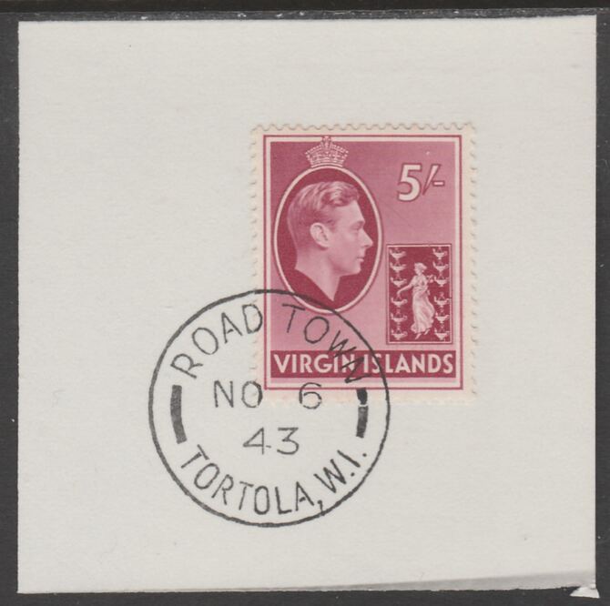 British Virgin islands 1938-47 KG6 Badge of Colony 5s carmine on piece with full strike of Madame Joseph forged postmark type 434, stamps on , stamps on  kg6 , stamps on forgery, stamps on 