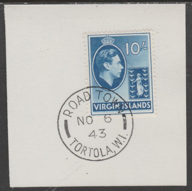 British Virgin islands 1938-47 KG6 Badge of Colony 10s blue on piece with full strike of Madame Joseph forged postmark type 434, stamps on , stamps on  kg6 , stamps on forgery, stamps on 