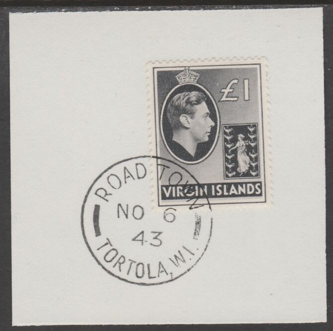 British Virgin islands 1938-47 KG6 Badge of Colony £1 black on piece with full strike of Madame Joseph forged postmark type 434, stamps on , stamps on  kg6 , stamps on forgery, stamps on 