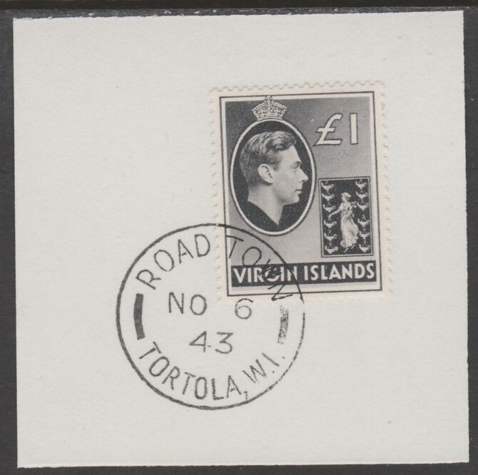 British Virgin islands 1938-47 KG6 Badge of Colony Â£1 black on piece with full strike of Madame Joseph forged postmark type 434, stamps on , stamps on  kg6 , stamps on forgery, stamps on 