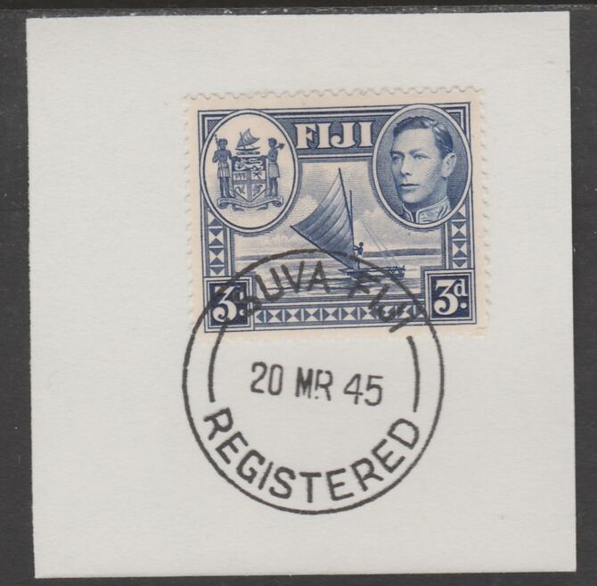 Fiji 1938-55 KG6 Pictorial 3d blue on piece with full strike of Madame Joseph forged postmark type 167, stamps on , stamps on  stamps on , stamps on  stamps on  kg6 , stamps on  stamps on forgery, stamps on  stamps on canoe