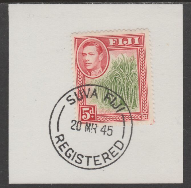 Fiji 1938-55 KG6 Pictorial 5d yellow-green & scarlet on piece with full strike of Madame Joseph forged postmark type 167, stamps on , stamps on  stamps on , stamps on  stamps on  kg6 , stamps on  stamps on forgery, stamps on  stamps on sugar, stamps on  stamps on food
