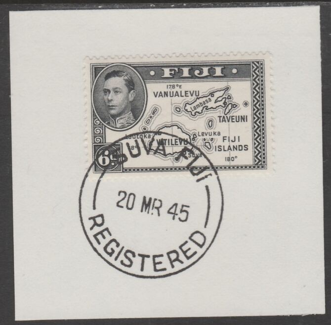 Fiji 1938-55 KG6 Pictorial 6d black (die II with 180) on piece with full strike of Madame Joseph forged postmark type 167, stamps on , stamps on  kg6 , stamps on forgery, stamps on maps