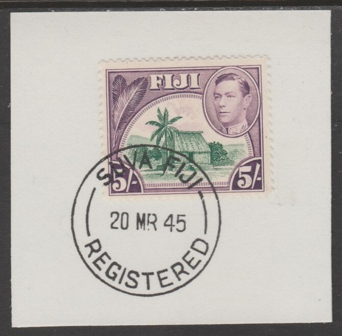 Fiji 1938-55 KG6 Pictorial 5s green & purple on piece with full strike of Madame Joseph forged postmark type 167, stamps on , stamps on  kg6 , stamps on forgery, stamps on 