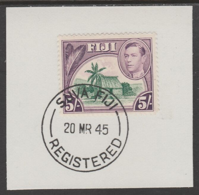 Fiji 1938-55 KG6 Pictorial 5s green & purple on piece with full strike of Madame Joseph forged postmark type 167, stamps on , stamps on  stamps on , stamps on  stamps on  kg6 , stamps on  stamps on forgery, stamps on  stamps on 