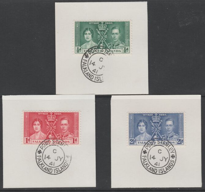 Falkland Islands 1937 KG6 Coronation set of 3 each on individual piece cancelled with full strike of Madame Joseph forged postmark type 156, stamps on coronation, stamps on  kg6 , stamps on forgeries