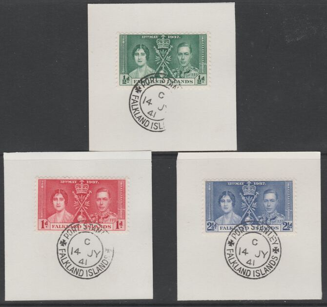 Falkland Islands 1937 KG6 Coronation set of 3 each on individual piece cancelled with full strike of Madame Joseph forged postmark type 156, stamps on coronation, stamps on  kg6 , stamps on forgeries