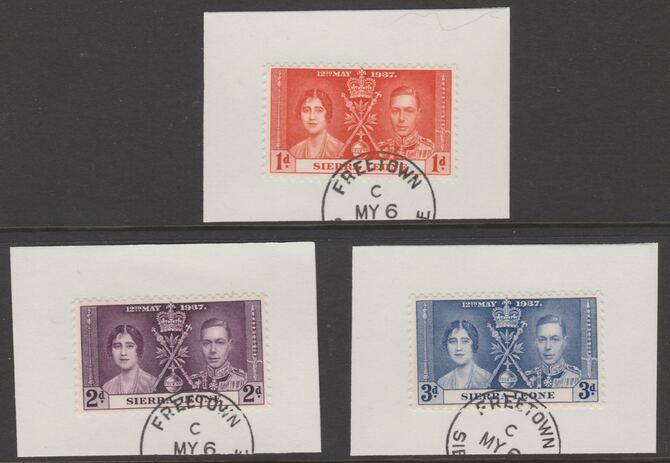 Sierra Leone 1937 KG6 Coronation set of 3 each on individual piece cancelled with part strike of Madame Joseph forged postmark type 393, stamps on coronation, stamps on  kg6 , stamps on forgeries