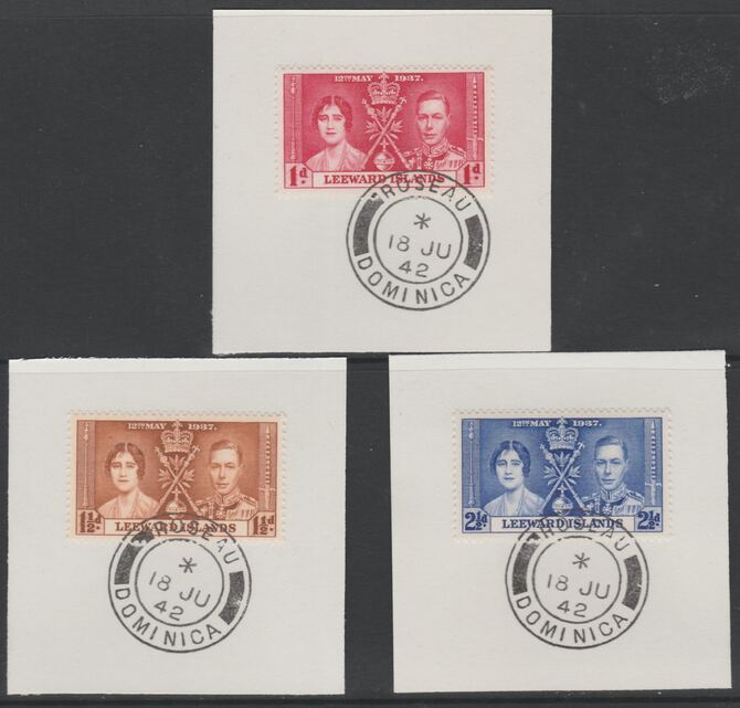 Leeward Islands 1937 KG6 Coronation set of 3 each on individual piece cancelled with full strike of Madame Joseph forged postmark Dominica type 143, stamps on coronation, stamps on  kg6 , stamps on forgeries