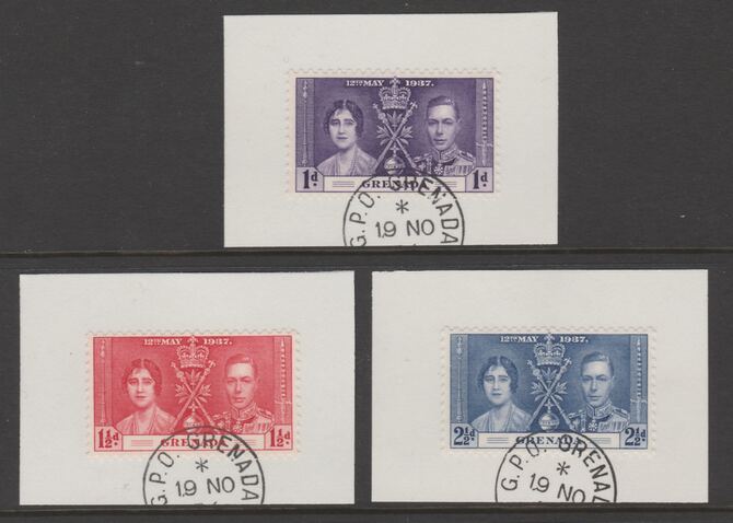 Grenada 1937 KG6 Coronation set of 3 each on individual piece cancelled with part strike of Madame Joseph forged postmark type 201, stamps on coronation, stamps on  kg6 , stamps on forgeries